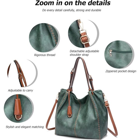 Stylish Green PU Leather Shoulder Bag with Multiple Compartments for Women - Picture 5 of 6